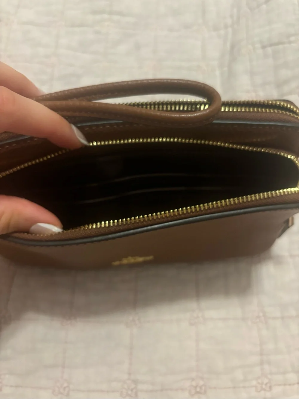 COACH Tan Pebbled Leather Zip Wristlet with Gold Logo